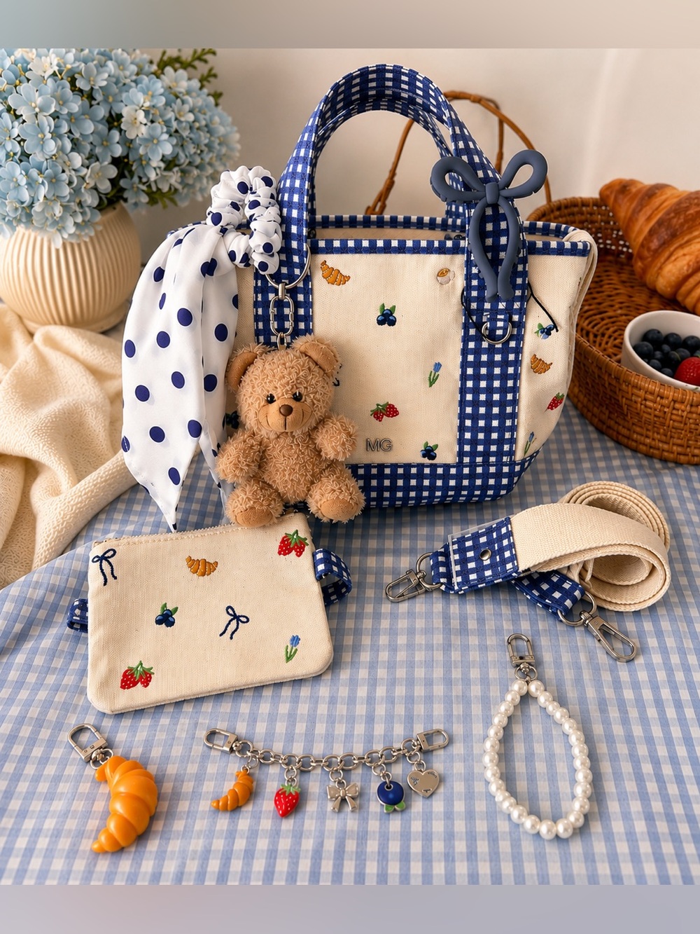 Madden Girl | Blueberry Gingham Canvas Tote w/ Charms, Hair Clip, Wristlet 🫐🧸🍓🥐